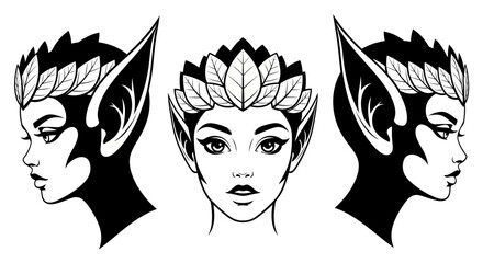 Mystical Female Forest Elf Head Vector Set - Fantasy Goddess or Nature Portrait