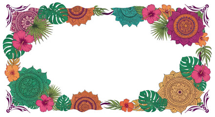 Vibrant Floral Mandala Border with Tropical Leaves and Hibiscus Flowers.