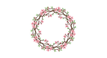 A circular wreath of intertwined branches with delicate pink cherry blossoms.