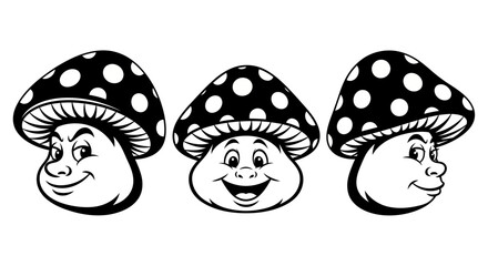 Vintage Cartoon Mushroom Character Vector Set - Retro Mascot with Smiling Faces