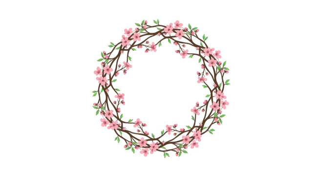 A circular wreath of intertwined branches with delicate pink cherry blossoms.