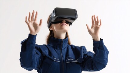 Female Engineer Wearing VR Headset Interacting with Virtual Interface