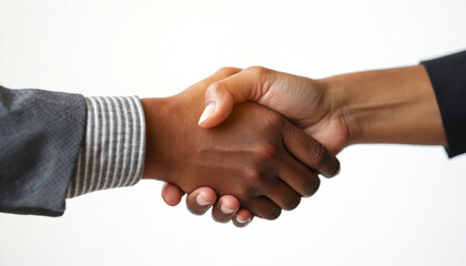 Two business people shake hands. Close up on business agreement. Handshake represents a successful deal. Concept of partnership. Focus on hand in an image of multiracial handshake.