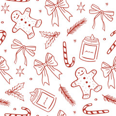 Whimsical Christmas seamless pattern with bows, candy cane, pine tree branches, candles, gingerbread man and festive decorationsin dark red color on white background