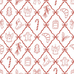 Christmas geometric hand drawn seamless pattern with holiday festive elements for wrapping paper, fabric, wallpaper. Trendy modern contemporary abstract print. Red colors on white backgrond