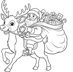 Santa Claus Riding Reindeer with Sack of Gifts Line Art Vector Illustration - Christmas Coloring Page Outline