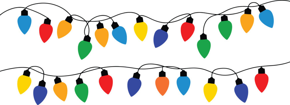 Christmas lights string garland vector illustration. Colorful holiday decoration with festive multicolored bulbs isolated on white background for party banner or card border