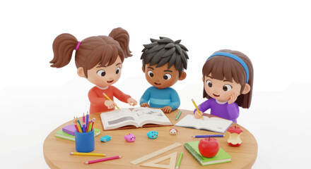 Three diverse cartoon children studying together at a round wooden table with school supplies.