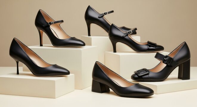 Collection of elegant black leather dress shoes. Variety of styles displayed: stiletto heels, block heels, and classic Mary Jane pumps with buckles on white platforms. - Powered by Adobe