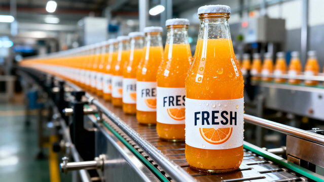 Rows of refreshing orange juice bottles glide along a modern conveyor belt at a vibrant beverage factory ready for consumers