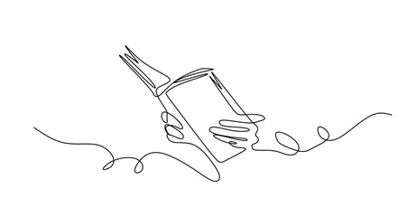 Line drawing illustration of a hand holding an open book reading
