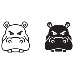 Angry Hippo Head Illustration in Outline and Solid Black Styles