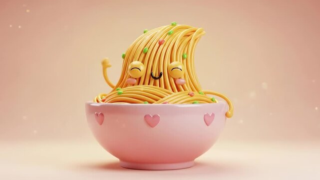 Cute noodles character in pink bowl