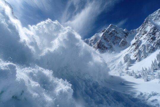 Snow avalanche cascading down a mountain in a winter landscape with a clear blue sky
