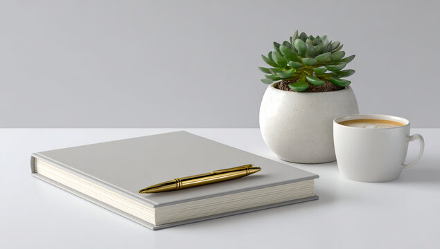 Minimalist desk setup with closed notebook pen and coffee mug next to succulent plant