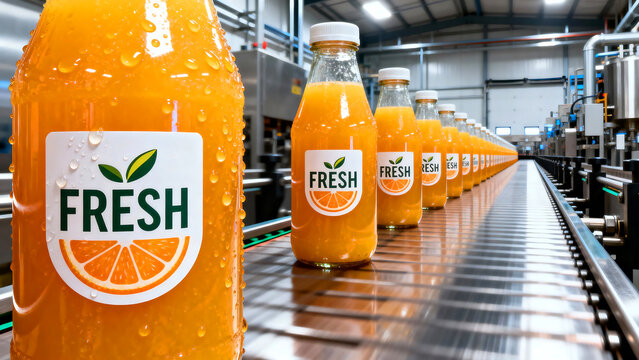 Refreshing orange juice bottles moving on a conveyor belt, a vibrant display of freshness and modern food production methods at the factory