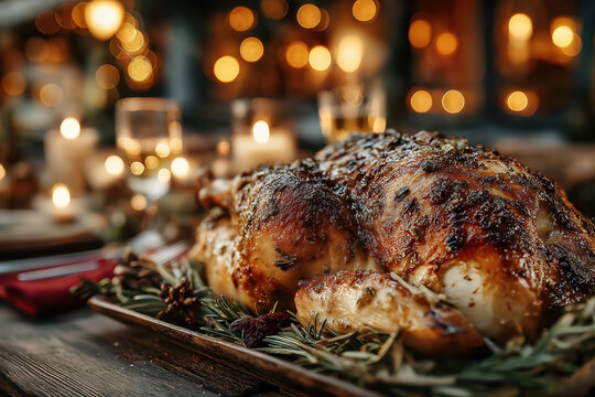 Dinde de No&euml;l r&ocirc;tie, volaille dor&eacute;e aux herbes servie sur un plat festif avec bougies, agrumes et romarin dans une ambiance chaleureuse de f&ecirc;te