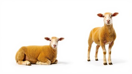 Two Sheep Resting and Standing on White Background
