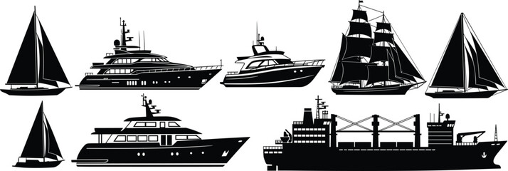 Collection of yacht, sailboat, cargo ship and sailing vessel silhouettes featuring modern boats and classic ships for marine nautical design projects © Bappi Creatives
