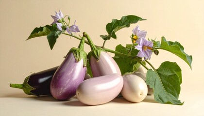 A detailed botanical illustration of the eggplant plant, featuring its glossy oval fruits, delicate pale purple flowers, and lush stems and leaves, all beautifully set against a soft cream background.