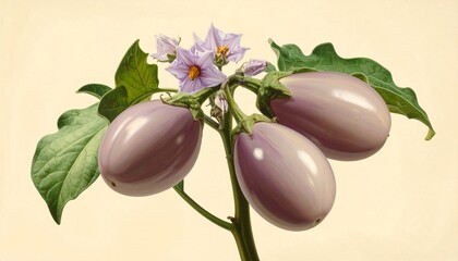 A detailed botanical illustration of the eggplant plant, featuring its glossy oval fruits, delicate pale purple flowers, and lush stems and leaves, all beautifully set against a soft cream background.