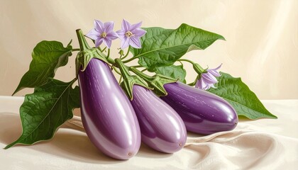 A detailed botanical illustration of the eggplant plant, featuring its glossy oval fruits, delicate pale purple flowers, and lush stems and leaves, all beautifully set against a soft cream background.