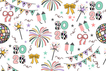 Fun hand drawn doodle fireworks, seamless pattern, great for textiles, wrapping, banner, wallpapers - vector design Cheerful and Festive 2026 New Year Design Composed of Colorful Confetti Dots 