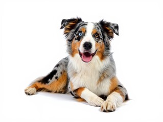 Happy Blue-Eyed Australian Shepherd Dog on White Background