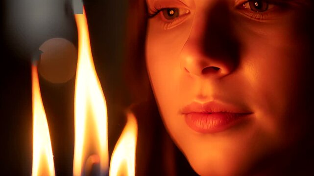 Woman gazing at flames, illuminated by firelight in a dark setting