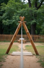 Fototapeta premium Empty wooden zipline swing structure stands in outdoor park playground. Green trees, rustic fence in background. Sand, grass cover ground. Natural play area invites kids to enjoy fun outdoor