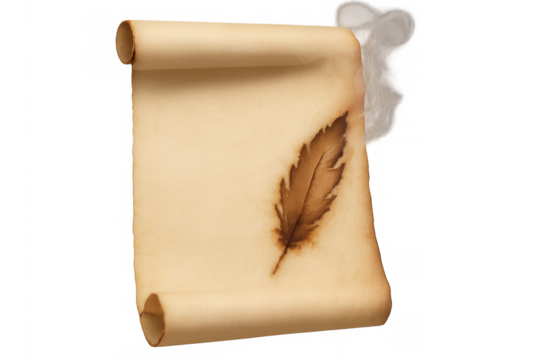 Ancient burnt parchment scroll with a burnt feather and smoke on a transparent background, symbolizing old wisdom and lost history
