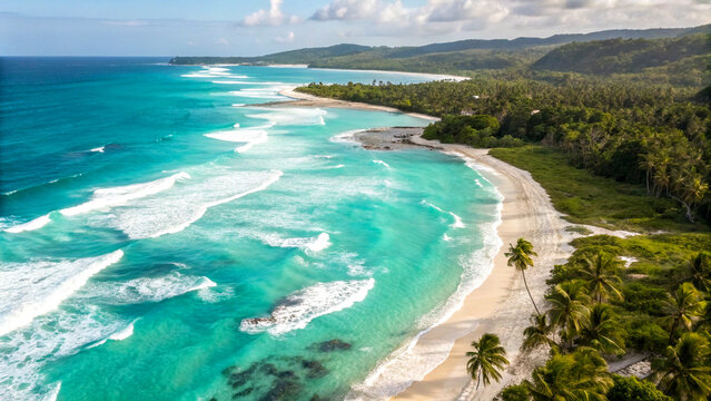 Turquoise ocean waves crash on white sand beach from aerial view - Powered by Adobe