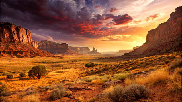 Vast desert cliffs glow beneath a golden sunset sky