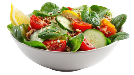  Fresh salad bowl filled with colorful vegetables and leafy greens served as a healthy meal isolated on white background