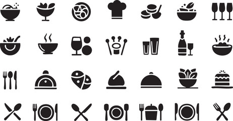 Catering icon set. Containing fork, spoon, knife, plate, cloche, tray, chef hat, beverage, food, dining table, and waiter. Cutlery or tableware in restaurant. Vector ...