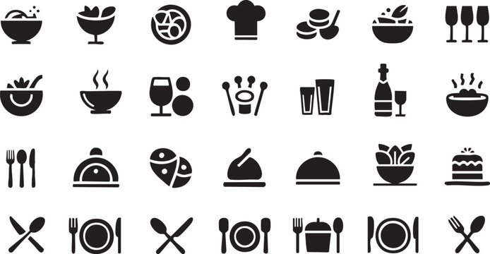 Catering icon set. Containing fork, spoon, knife, plate, cloche, tray, chef hat, beverage, food, dining table, and waiter. Cutlery or tableware in restaurant. Vector ...