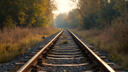 Fototapeta premium Rust railway line beside data cables. Ultra realistic tech landscape. Old trains meet modern connectivity. Exploring vintage tracks and digital infrastructure.