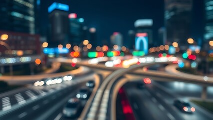 interchange. City interchange at night with blurred traffic lights, creating abstract urban light trails. mobility guides, transit brochures, designed for transport & logistics marketing.