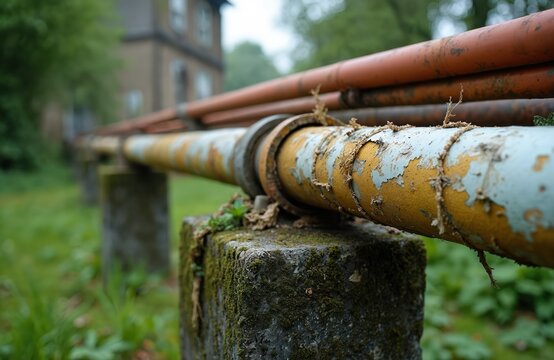 Old, weathered pipes run over mossy concrete supports in outdoor setting. Peeling yellow, blue paint heavy rust underneath. Blurry old building with green trees stands in background. Scene displays - Powered by Adobe