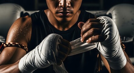 Muay Thai Boxer Preparing: A determined Muay Thai fighter wraps his hands, signifying readiness for combat, strength, and discipline, within a dimly lit setting.
