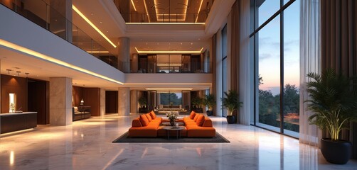 Spacious modern hotel lobby interior with high ceiling and mezzanine floor. Luxury lounge area features bright orange sofa on marble flooring. Nobody in hall with large panoramic window, evening view.
