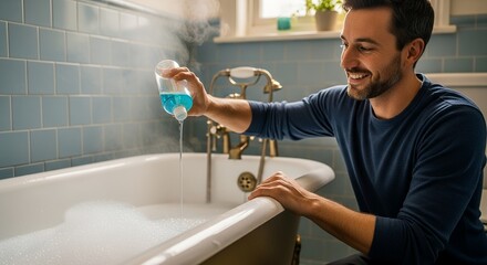 Man smiling while pouring liquid into a bubble bath in a tiled bathroom.