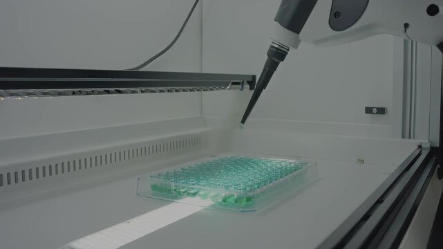 Robotic arm pipetting into a microplate in a sterile lab environment