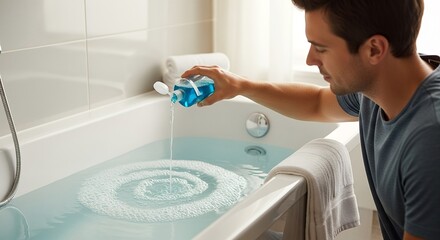 A man pouring bath product into a filled bathtub, preparing for relaxation.