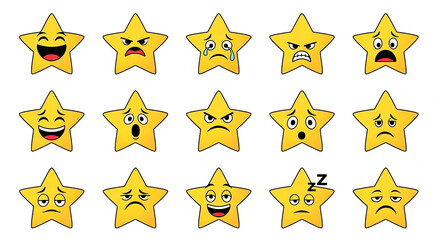 Set of Cartoon Star Emojis with Various Emotions on White Background
