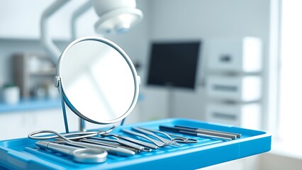 sterilization. Dental tools arranged neatly on a blue tray under clinical lighting in a clean medical setting. STEM education sheets.
