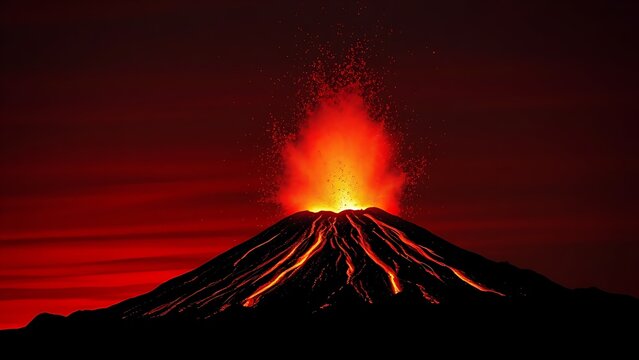 capitulating. Volcanic eruption launching rocks into a dark red sky, dramatic natural scene. travel magazines, destination branding, designed for travel destination branding, used by store managers.