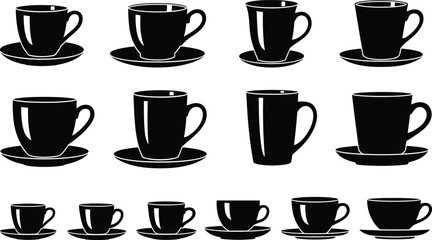 Collection of black silhouette coffee cups and saucers in various shapes, elegant drinkware set for café branding, beverage design and kitchen graphics