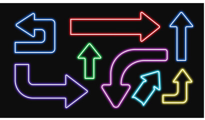 Neon arrows collection glowing pointers different shapes on black background