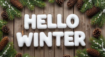 Hello Winter Season Natural Elements Pinecones And Fir Branches On Wood Background